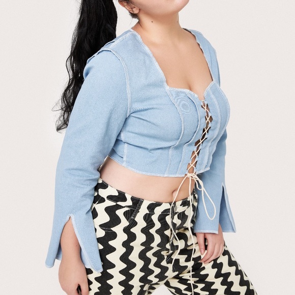 NWT Cider Curve Denim Cross Disco Top - Picture 3 of 5